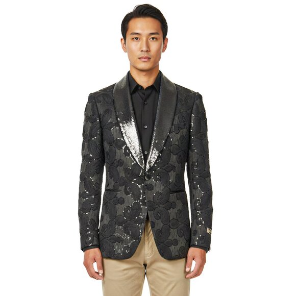 Empire™ Textured Paisley Shawl Lapel Hybrid Fit Blazer, Black, MEDIUM - Picture 1 of 5
